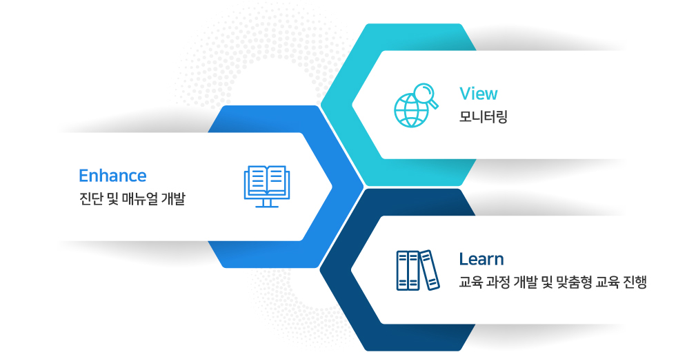 IDENTIFY : 모니터링 , BUILD : 진단 및 매뉴얼 개발, LEARNING : 교육 과정 개발 및 맞춤형 교육 진행